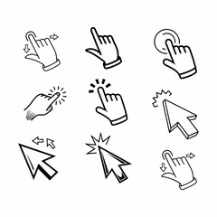 A collection of black and white vector graphics depicting various mouse and touchscreen gestures.