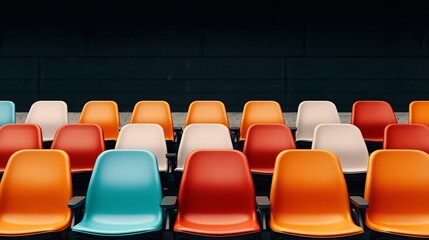 Fototapeta premium Vibrant empty seats in an urban arena spectator area photography modern environment wide angle visual contrast for event planning and space utilization insights