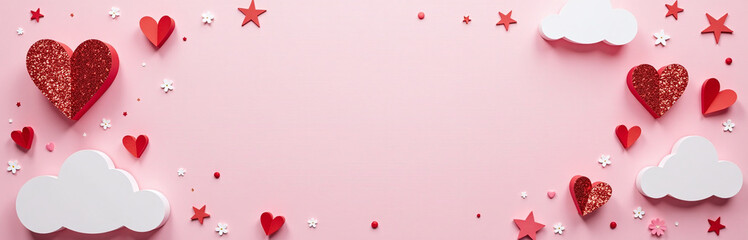 Obraz premium Horizontal Banner With Pink Background Featuring Glittering Hearts, Stars, Flowers, And Space For Text Surrounded By Paper Cut Clouds. 00003