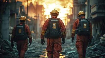Fototapeta premium Heroes of the hour: rescue efforts in the wake of calamity.
