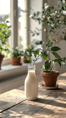 Fototapeta premium Morning light illuminates a glass bottle of milk with a plant sprouting from it in a cozy indoor setting. Generative AI