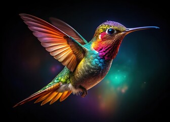 Vibrant Hummingbird in Flight, Isolated on White, Night Photography