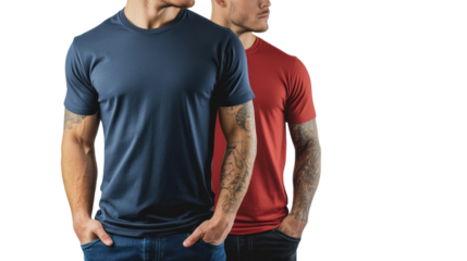 Two men wearing crew neck t-shirts in contrasting colors stand side by side, showcasing modern casual fashion on a white isolated background.