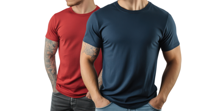Two men wearing casual t-shirts, one red and one navy, showcasing contemporary fashion trends on a white isolated background.