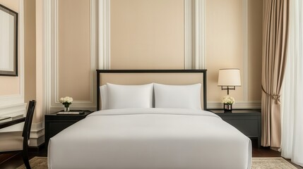 Luxury hotel interior with exclusive lighting Modern bedroom with neutral tones and elegant decor.
