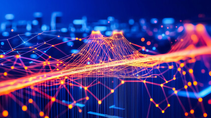 A glowing network bridge of neon light strands in blue and orange, representing connectivity, data transfer, and futuristic communication technology in a dynamic style.