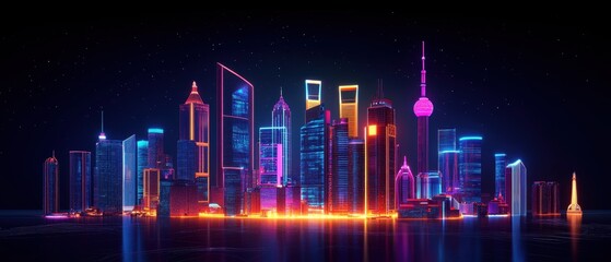 Fototapeta premium Vibrant skyline of Dubai illuminated at night with modern architecture reflecting in the water