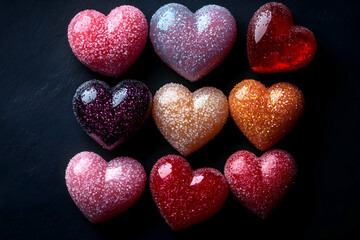 Fototapeta premium Colorful heart candies, dark background, Valentine's Day, food photography