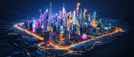Fototapeta premium Vibrant skyline of Dubai illuminated at night with modern architecture reflecting in the water