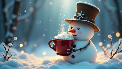 Cute snowman with hot cocoa in snowy forest with fairy lights