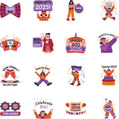 Bundle of Flat Style New Year Celebration Stickers 


