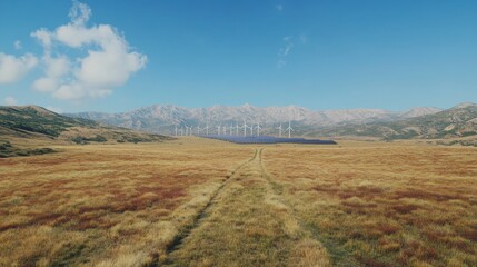 Wide Open Landscape with Wind Turbines and Solar Panels in View