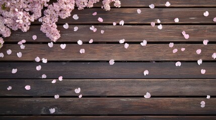 Fototapeta premium Spring background with cherry blossom petals scattered across a wooden deck
