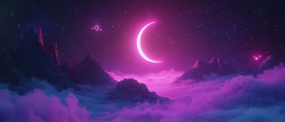 Fototapeta premium Celestial landscape featuring a glowing moon and mystical symbols in a vibrant purple atmosphere