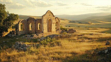 Ancient stone church ruins in a golden field at sunset.