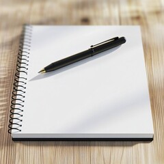 Black pen on white notebook on wooden table, blurred background emphasizing writing and drawing, symbolizing creativity and planning in personal work or study.