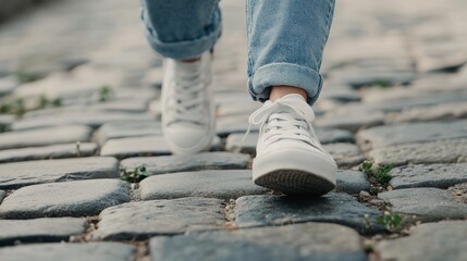 Close-up of a woman’s feet in casual sneakers jeans stumbling on uneven paving slabs during a walk, highlighting the risks of accidents and injuries caused by poorly maintained urban infrastructure