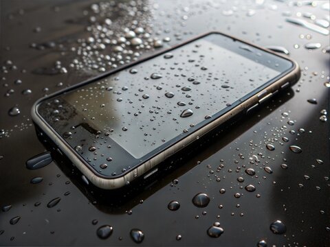 Smartphone Spilled with Water - Wet Smartphone on Black Background
