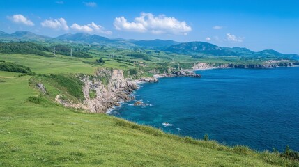 Serene Coastal Landscape with Cliffs and Lush Green Hills