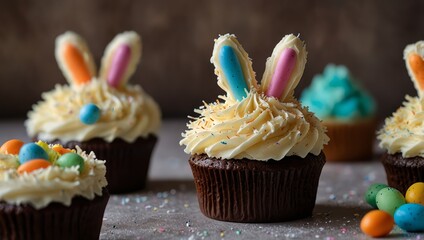 Easter bunny tail chocolate cupcakes with coconut buttercream icing on a table