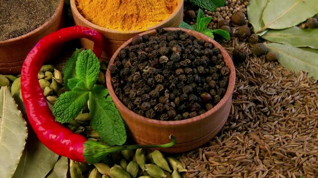 Aromatic spice mix: black peppercorns, turmeric, cumin seeds, coriander, bay leaves, and fresh red chili. Assorted Natural Spices for Cooking