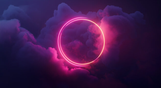 Abstract cloud illuminated with a neon light ring on a dark background.