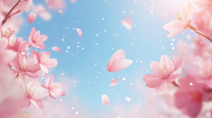 Spring background with soft-focus pink cherry blossoms against a clear sky