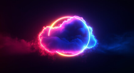 Fototapeta premium Abstract cloud illuminated with a neon light ring on a dark background.