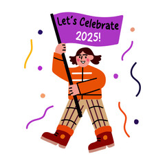 A flat sticker of a character holding flag written lets celebrate 2025