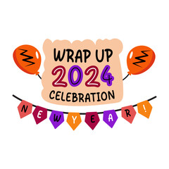 A flat sticker of decorative garland with wrap up 2024 typography