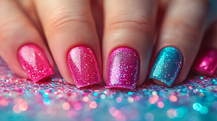 Colorful glitter manicure showcasing pink and blue shades on a hand with a sparkling background. Generative AI