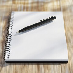 Black pen on white notebook on wooden table, blurred background emphasizing writing and drawing, symbolizing creativity and planning in personal work or study.