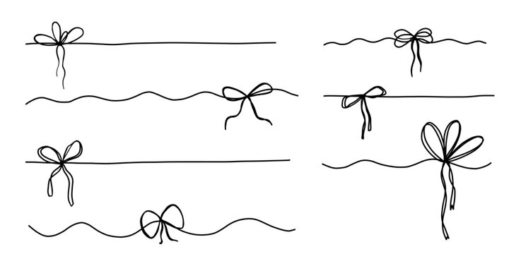 Ribbon bow gift box thread ribbon bow tie knot packaging hand drawn sketch doodle elements. Minimalistic graphic collection isolated on white background.