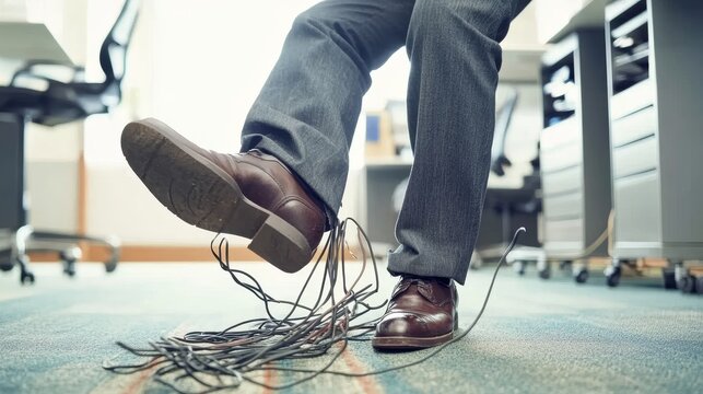 Clumsy office worker stumbles over cable and falls to the floor, illustrating the concept of workplace accidents and the need for insurance compensation coverage in the office environment