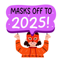 A flat sticker of a character wearing masquerade with masks off to 2025