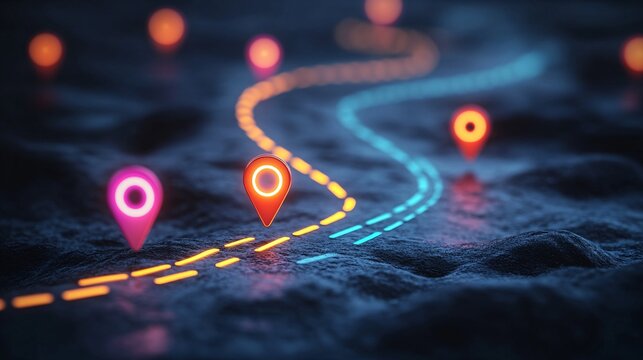 Abstract customer journey concept with colorful location markers on a winding path, symbolizing progress and transformation in business.
