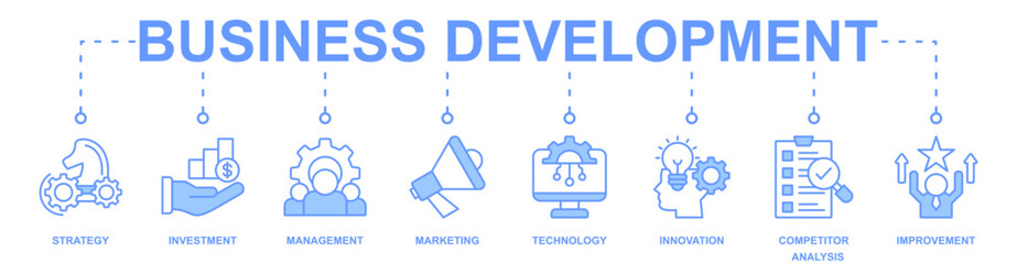 Business Development banner web icon vector illustration concept with icon of strategy, investment, management, marketing, technology, innovation, competitor analysis, improvement