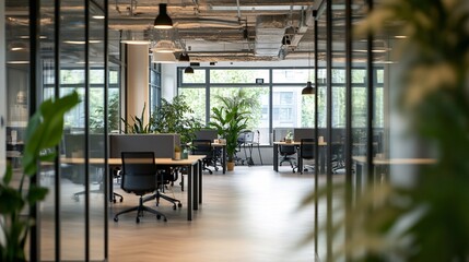 Contemporary Office Hallway with Glass Partitions, Warm Ambient Lighting, and Sleek Design, Highlighting a Professional and Modern Workspace