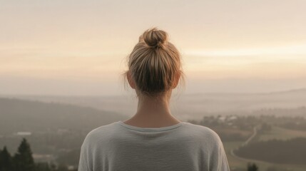 Fototapeta premium Woman with bun hairstyle facing scenic mountain view at sunrise.