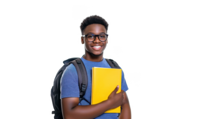 Smiling young African American college student with books and backpack, wearing glasses, isolated on transparent background