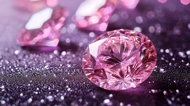 Sparkling pink gemstones scattered on a glittery surface in a soft light setting. Generative AI - Powered by Adobe