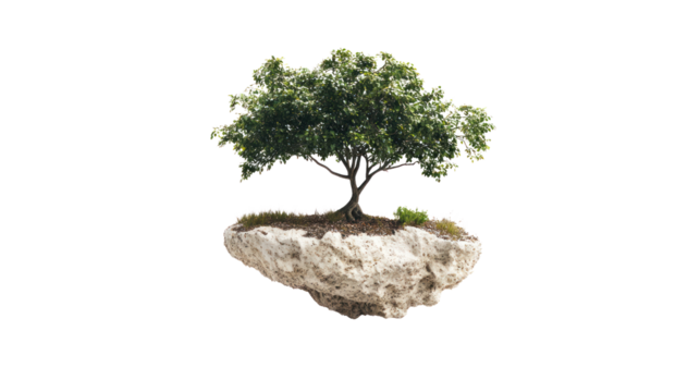 A vibrant green tree growing atop a rocky island, isolated on a white background, symbolizing nature and resilience.