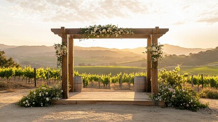 vineyard wedding altar, with rustic wooden beams, fresh flowers, and a panoramic view of rolling hills under golden hour light