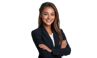 Portrait of a smiling businesswoman, a professional and confident woman in suit, isolated on transparent background