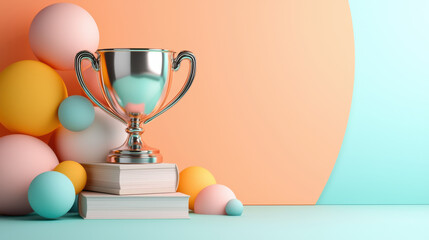 Shiny trophy on stacked books with colorful spheres in pastel setting