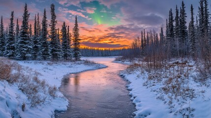 Obraz premium Serene winter landscape at sunset with a winding river, snow-covered trees, and vibrant sky colors