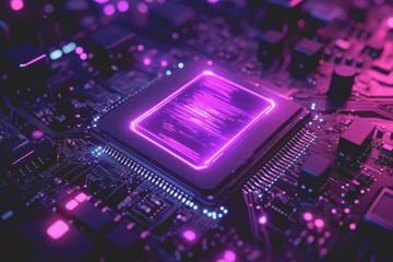 Obraz premium AI marketing social media chip illustration cover image, purple-blue glow, connections.