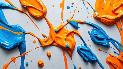 Blue and orange paint splattered on white canvas, artistic background.