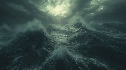 Dramatic stormy ocean waves under a cloudy sky with sunlight breaking through the clouds