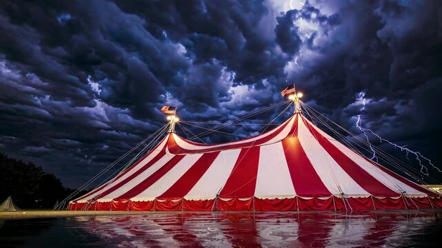 Classic red and white circus tent glowing under intense lightning strike, wet ground mirroring dramatic thunderstorm scene with electrifying atmosphere and powerful night sky contrast